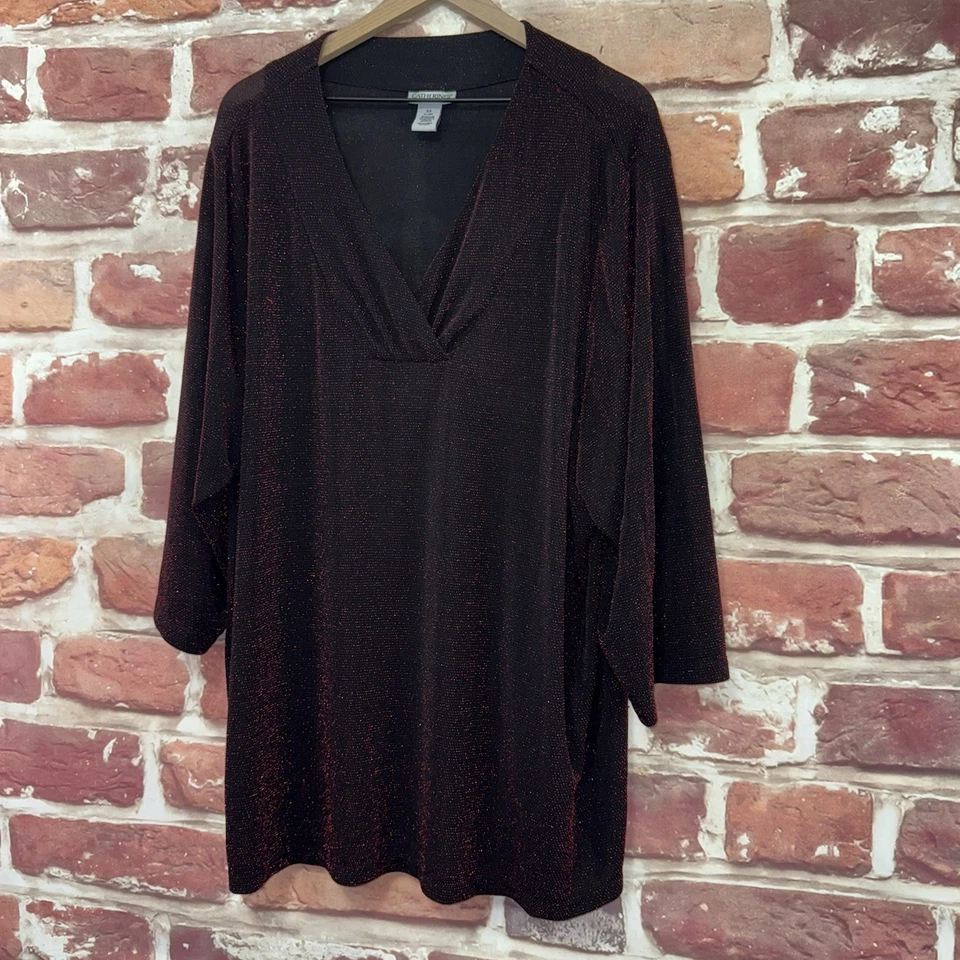 Catherines Топ женщин 3 X черный красный металлический эластичный блестящий туника рубашка - Изображение 3 из 4