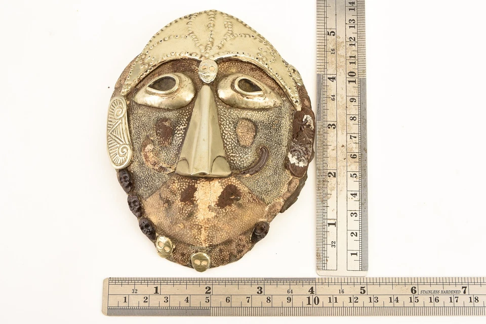 Antigua máscara de muerte antigua budista tibetana Kapala caparazón de tortuga en relieve pequeña V25 Foto 3 de 4