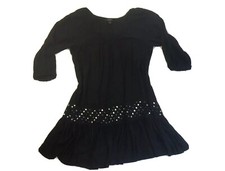 Black Knit Cotton Dress w/Metal Grommets & Ruffle Hem Trumpet Sleeves M