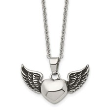 Stainless Steel Antiqued And Polished Heart Wings Necklace