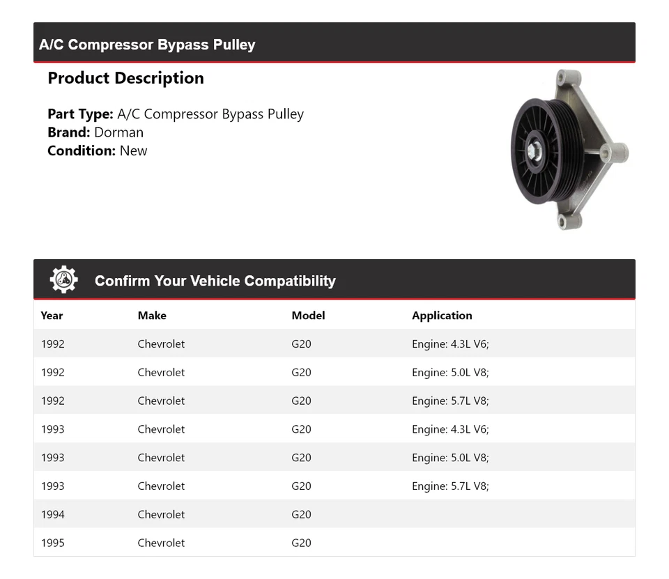 Polea de derivación compresor aire acondicionado Chevrolet G20 Dorman 1992-1995 1993 1994 Foto 2 de 4