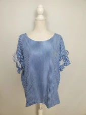 Belle Sky Blue & White Vertical Stripe Tunic Top Ruffled Sleeves Women's XL.