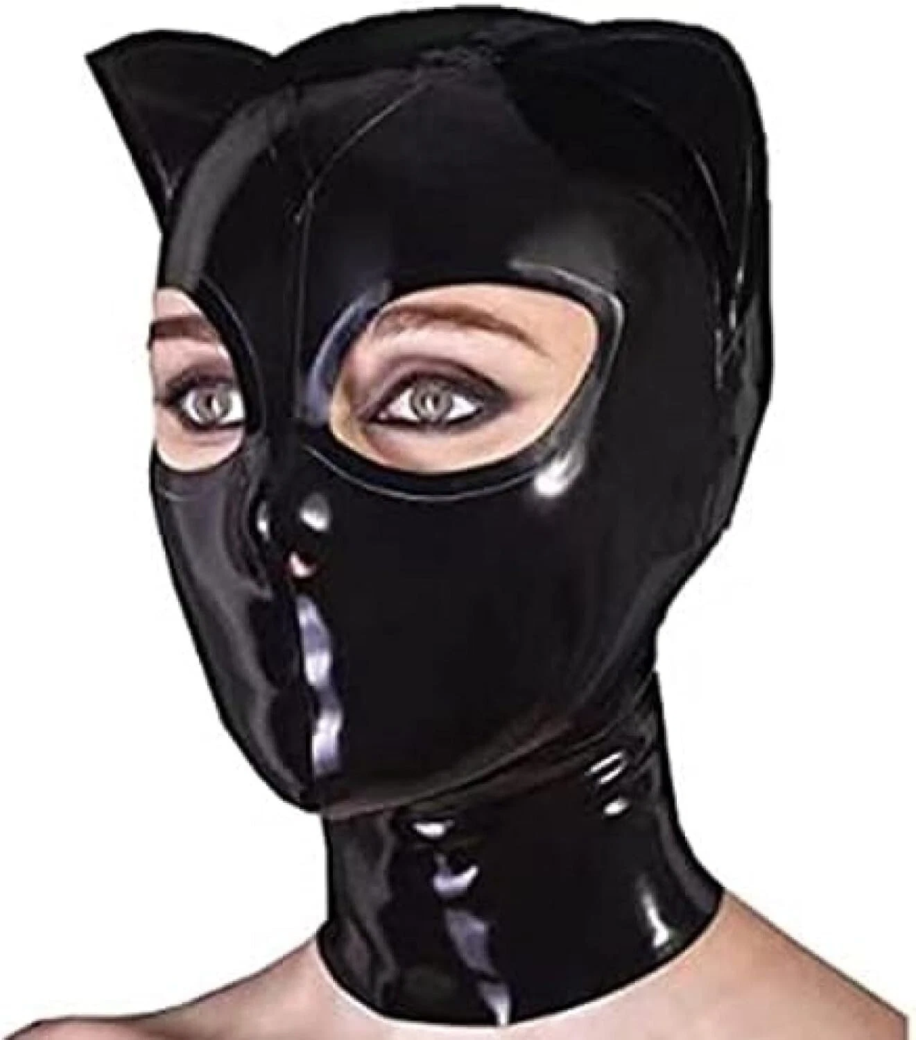 Latex Hood With Cat Ears Back Zipper Open Eyes Nose Rubber Mask Club Wear Costu