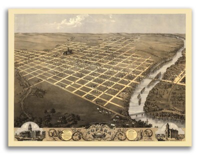 1869 Topeka Kansas Vintage Old Panoramic City Map - 24x32