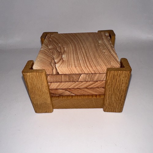 5 pc Coaster Set Cut Sand Stone Cork Back Teak Wood Holder Barware 3 3/4" VTG