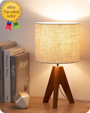 Tripod Table Lamp, Small Cute Bedside Lamp with Linen Beige Lampshade, Nightstan