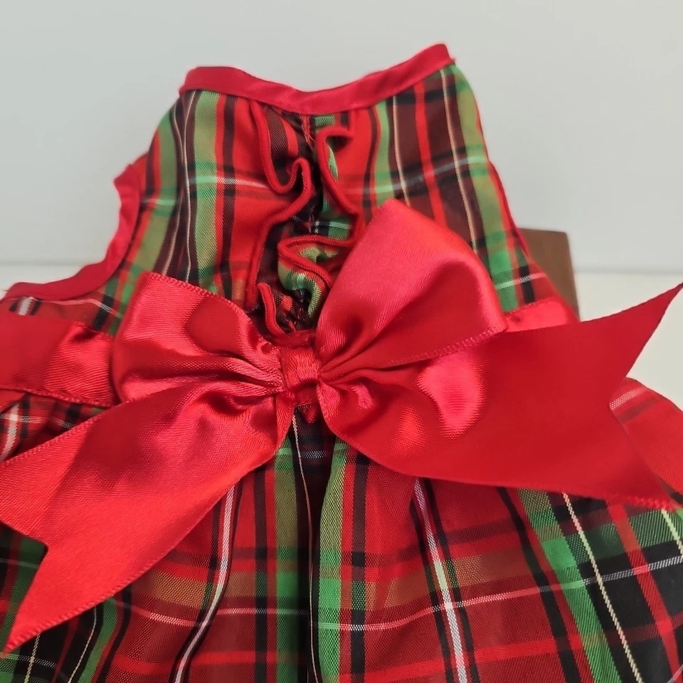 Small Dog Christmas Dress Medium 12” Chest Holiday Photo  Red Plaid Bow - Image 2 of 4