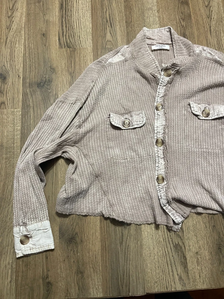 Camisa Zenana, Para Mujer Talla L/XL, Marrón, Manga Larga Camisa Abotonada Foto 3 de 4