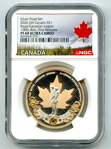2026 $1 CANADA SILVER W/GOLD DOLLAR PROOF NGC PF69 ROYAL CANADIAN LEGION - FR