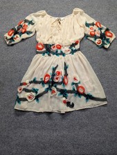 Urban Mango Floral Mini Dress Chiffon Boho Small S Cream Red Textured 3D Rosette