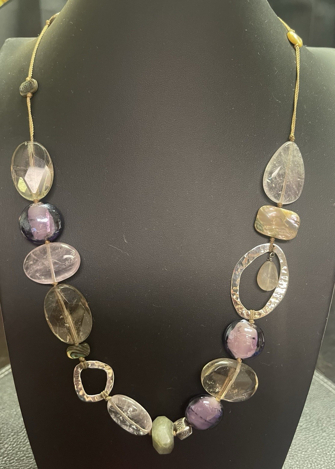 Silpada Beaded Cord Necklace Clear Oval Quartz & Shell Silver Lobster Clasp
