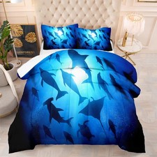 Shark Bedding Set Queen for Kids Teens, Blue Comforter with Fish Dolphins, 1