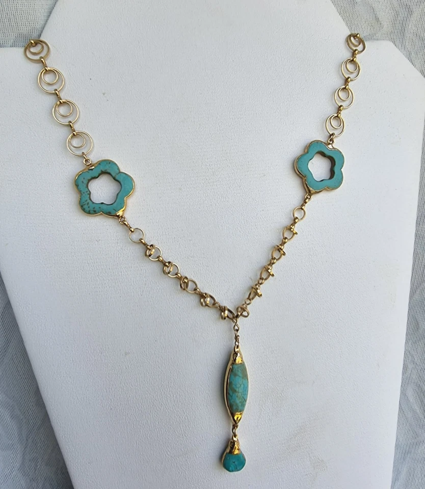 COLLAR FLORES TURQUESA CHAPADO EN ORO MODERNISTA 18" Foto 3 de 4