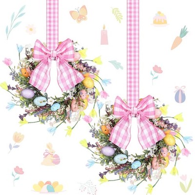 2 Pcs 9'' Mini Easter Wreath for Front Door Eggs Sign Kitchen Pastel 