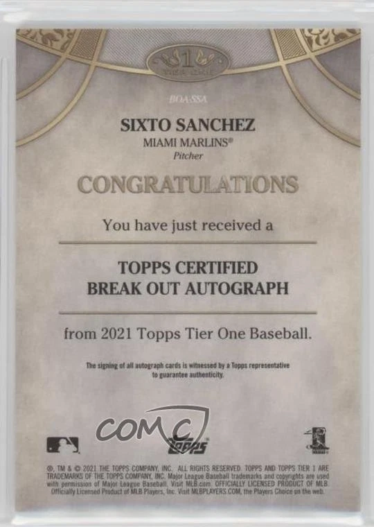 2021 Topps Tier One Break Out Auto /275 Sixto Sanchez #BOA-SSA Rookie Auto RC - Image 2 of 2