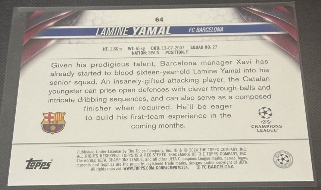 2023-24 Topps UEFA Club Competitions #64 Lamine Yamal RC Rookie FC Barcelona view 2