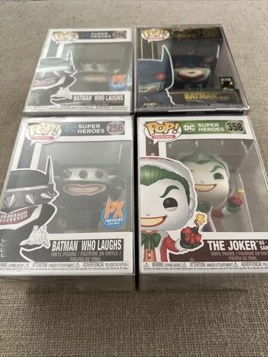 Lot 4 Funko Pop Batman Who Laughs PX 256, Red Rain 286, Joker Santa 358
