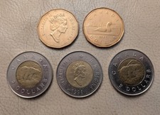 5 Circulated Canadian 1 & 2 Dollar Coins 1987, 1993 & 1996