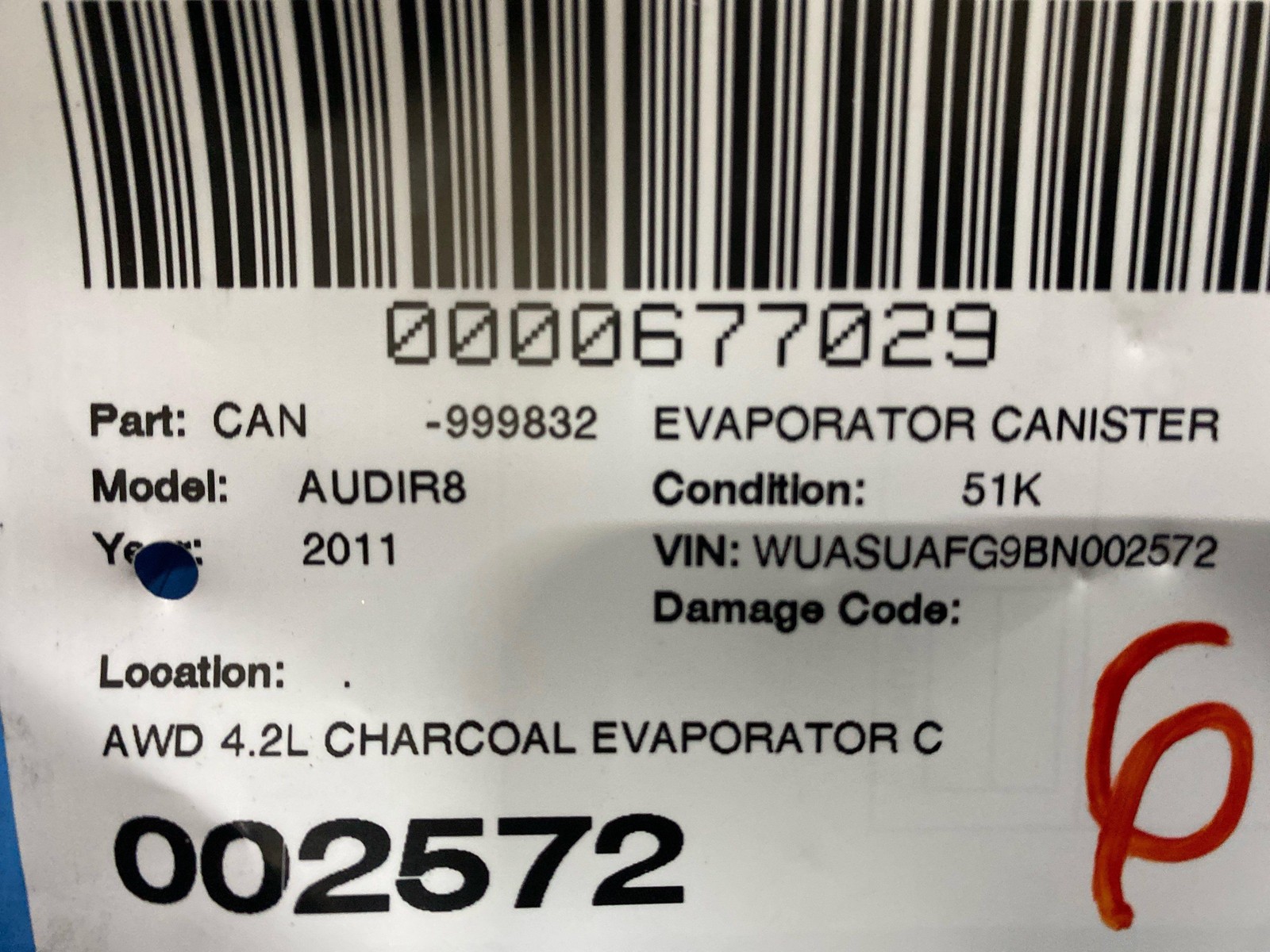 Audi R8 Spyder 2008-2015 Evap canister Charcoal P/N 3D0201801