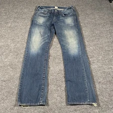 True Religion Straight Leg Faded Blue Denim Jeans Mens 34x33 Stiched Embroidered