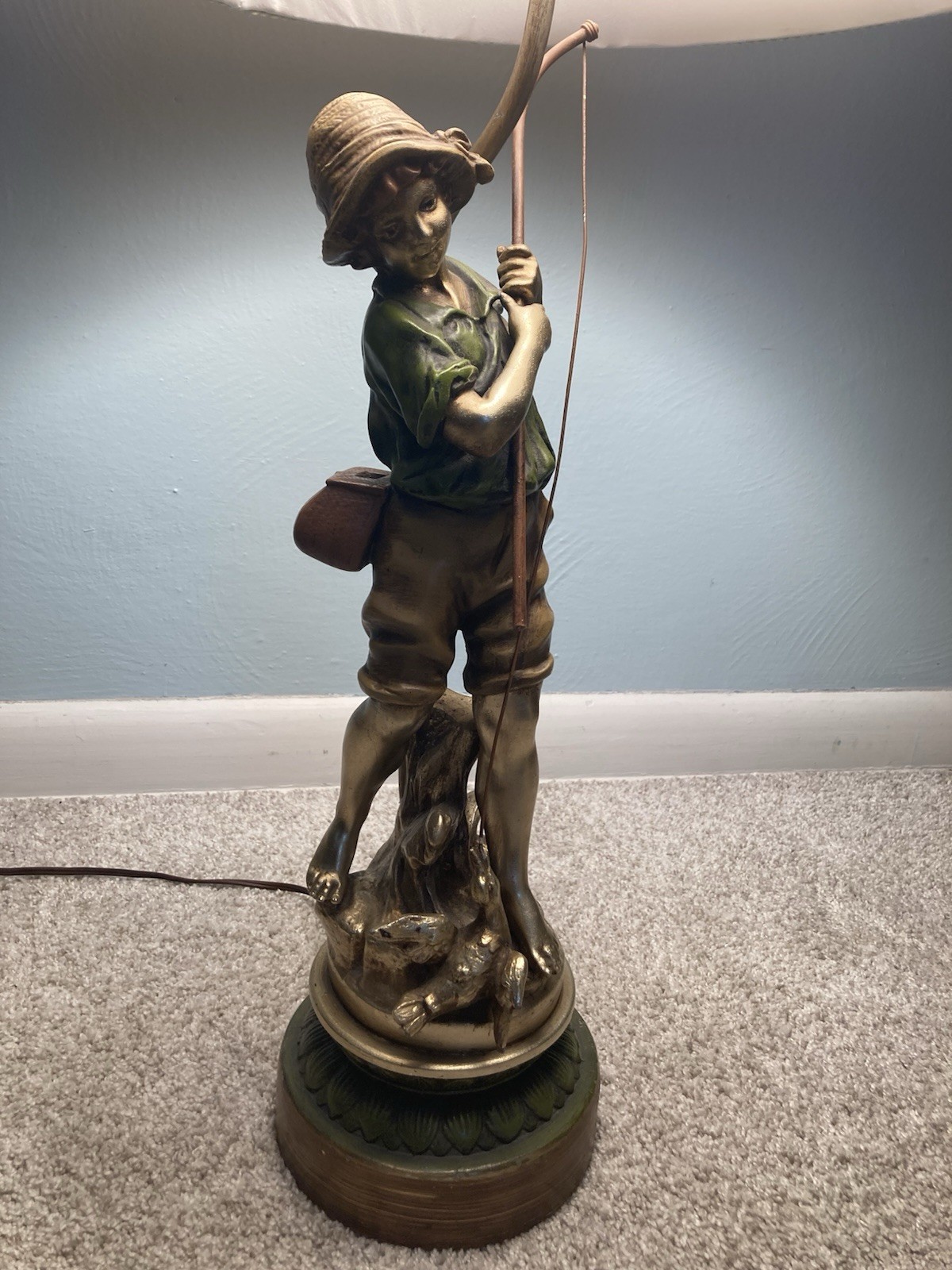 L F Moreau Boy With Fishing Pole - “The Duck Fisherman” 3-way Lamp - Nice Cond.