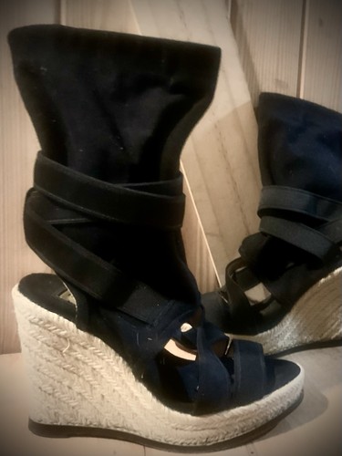 Luxury Rebel Black Strappy Wedge Sandals with Ankle Strap Women's Fabric