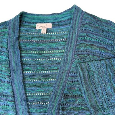 Kim Rogers XL Blue Green Cardigan Open Front Pointelle Knit Coastal Mermaidcore