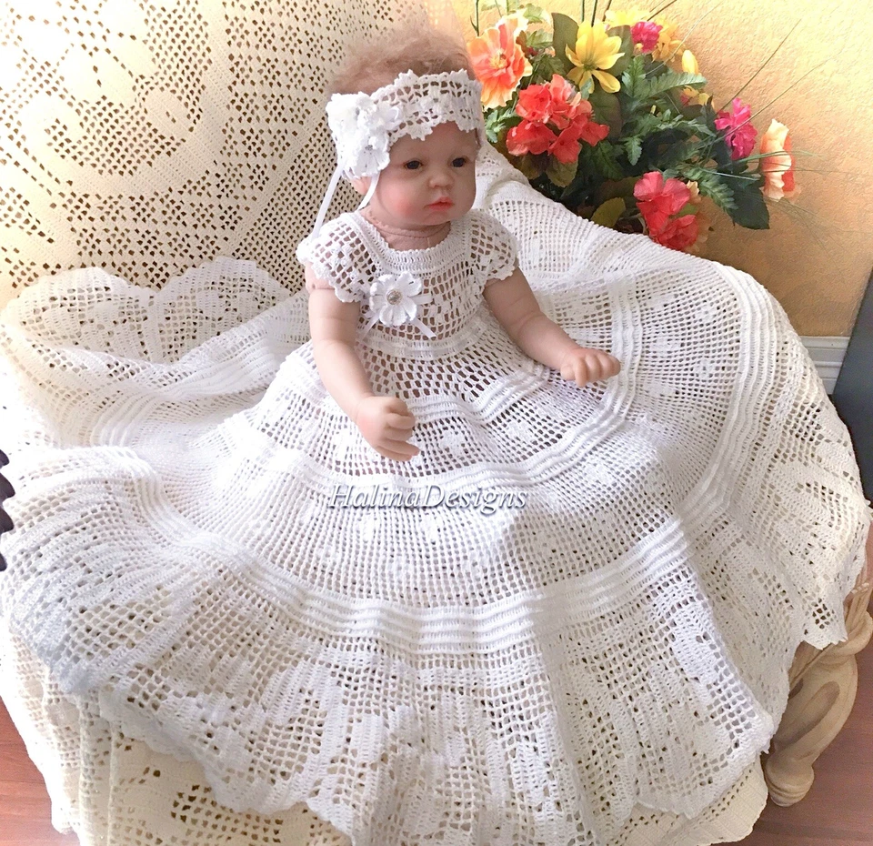 Floral And Scroll Crochet Christening Dress, Headband And Booties Pattern - Image 2 of 4