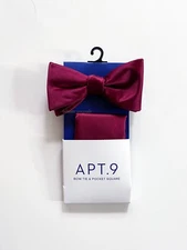 Pre-tied Mens Bow Tie Wine Red Bowtie & Pocket Square Matching Set Burgundy New