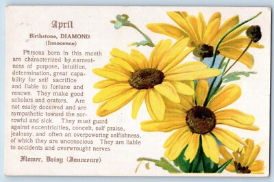 April Postcard Horoscope Birthstone Diamond Innocence Daisy Flowers c1910's