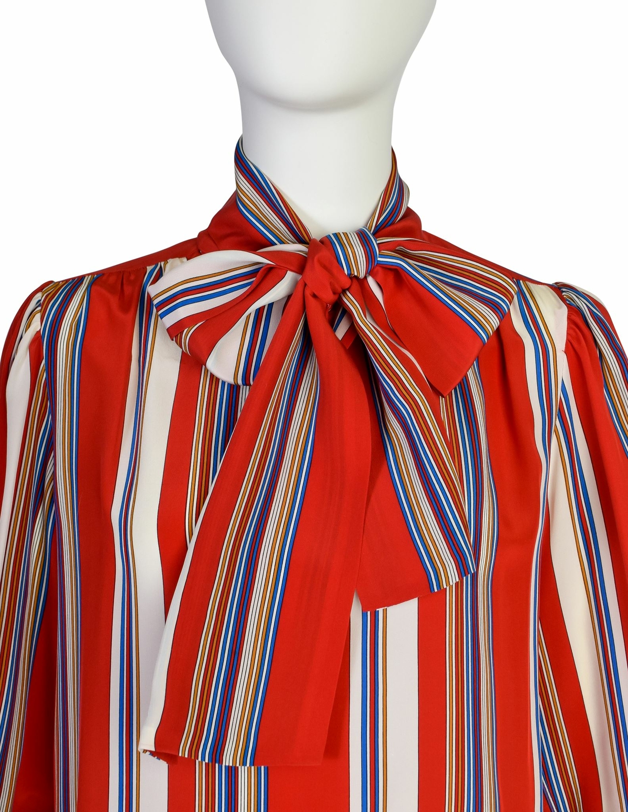 Camicia Yves Saint Laurent Vintage SS 1982 Rossa Multicolore Righe Seta Lavalliere