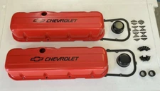 BBC Steel TALL Valve Covers ORANGE w/ BLACK Chevrolet Logo 65-95 396-454 KIT