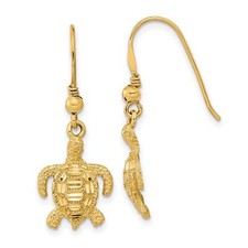 14k Yellow Gold Polished and Textured Diamond-cut Turtle Shepherd Hook Earrings