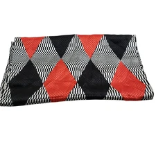 Women's Scarf Black Red Diamond Jester Pattern Fringe 13/60" Made In Italy