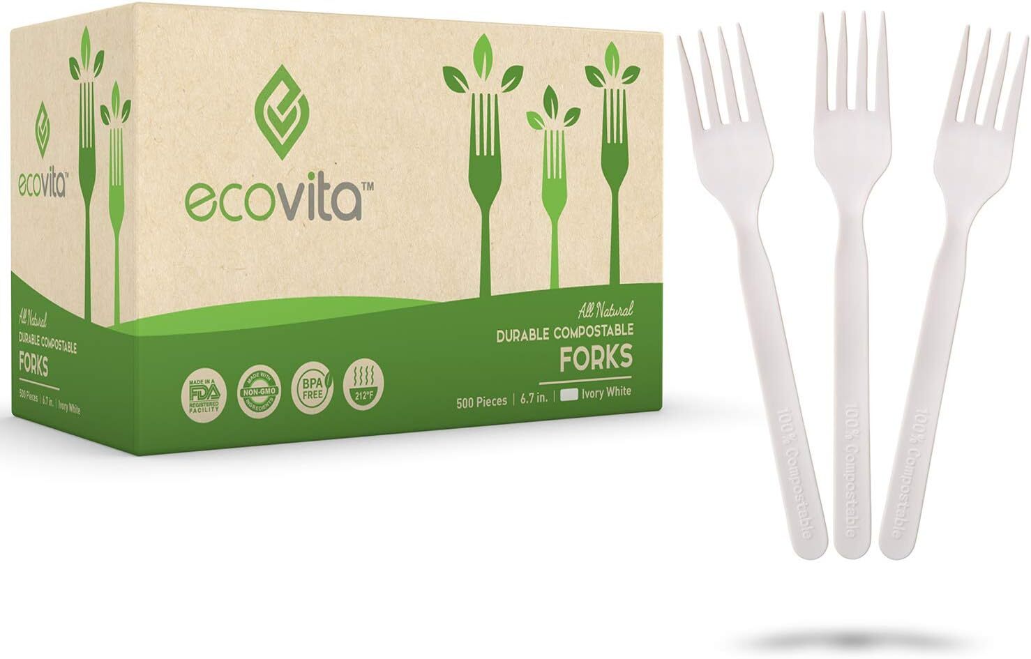 100% Compostable Forks - 500 Large Disposable Utensils (7 in.)