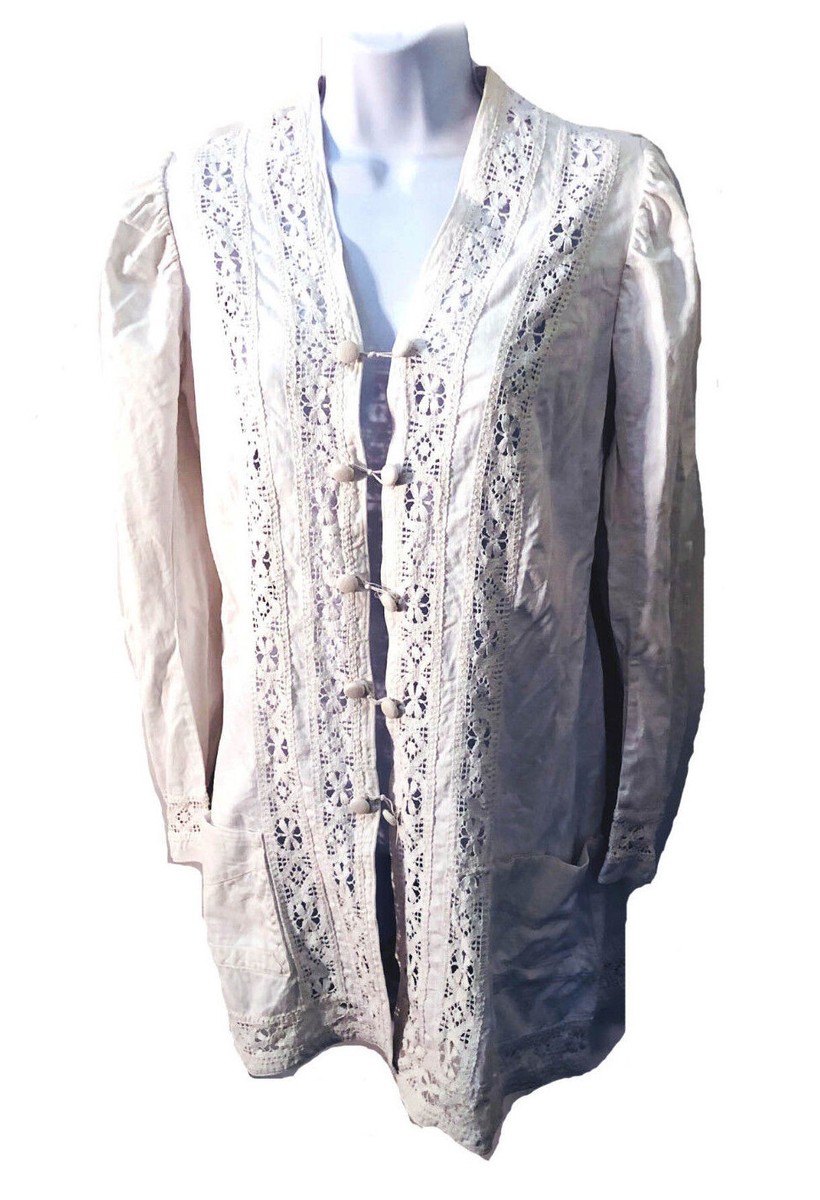 1900s Antique Vintage Edwardian Long Cotton Linen white jacket