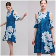 Maeve Elia Dress 4 Cold Shoulder Keyhole A-line Blue Floral Open Anthropologie 