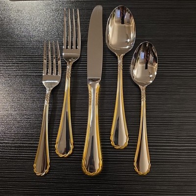 Tasha Yamazaki Gold Accent Stainless Flatware 5 PC Place Setting Glossy Discont.