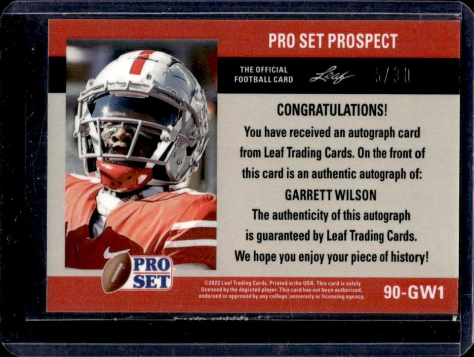 2022 Pro Set Metal Garrett Wilson 1990 Auto Wave Blue Rookie RC #/30 Buckeyes - Image 2 of 2