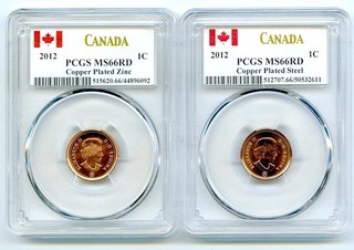 2012 1C CANADA PENNY 2 COIN SET PCGS MS66 RD ZINC & STEEL LAST YEAR ISSUE CENT