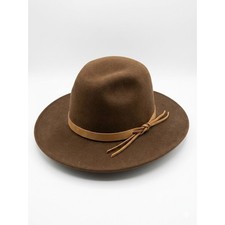 Brown Wool Felt Wide Brim Fedora Hat Leather Tassels Rosette USA Boho Indie