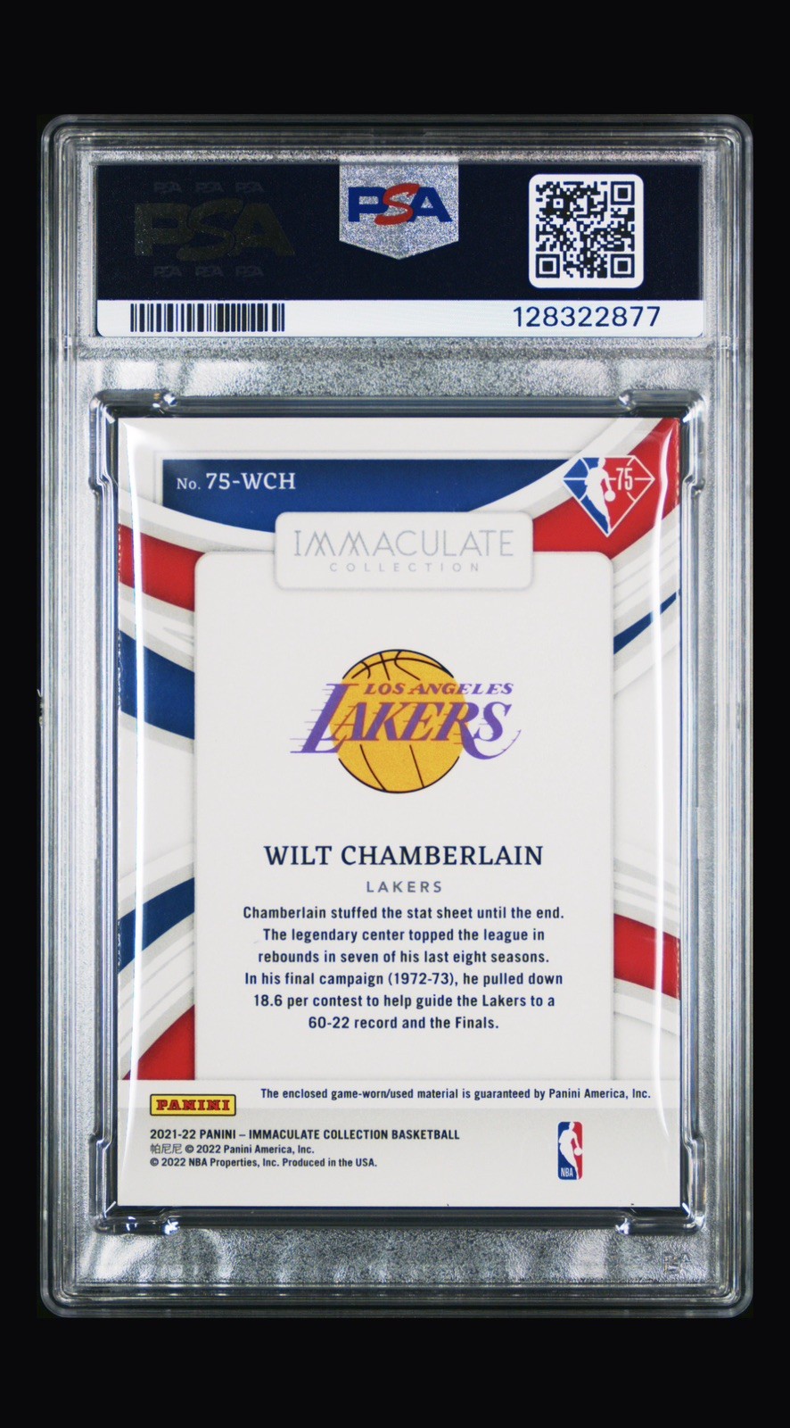 2021 IMMACULATE COLLECTION 75TH ANNIVERSARY MEM JERSEY  WILT CHAMBERLAIN PSA 9 view 3