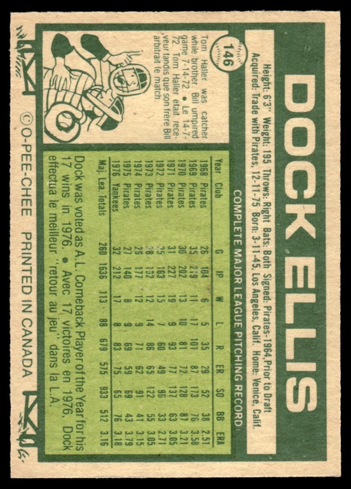 1977 O-Pee-Chee Dock Ellis New York Yankees #146 - Image 2 of 2