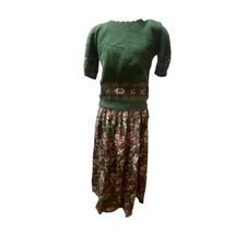 VTG Herman Geist Floral Sweater M Skirt Set Pockets Scalloped Hand Embroidered 