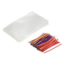 Clear Plastic Bags 6"x3.5" with 3" Foil Twist Ties Mixed Color 100 Set