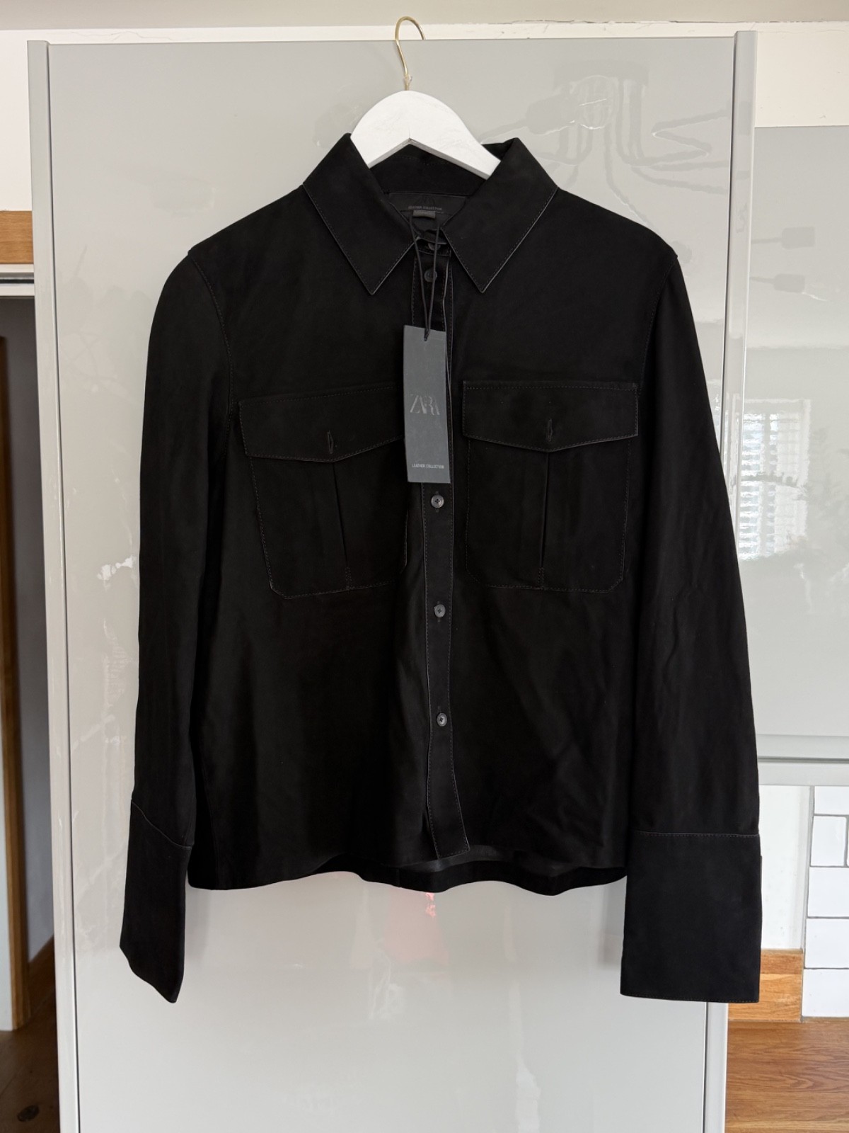 Zara 100percent Leather Suede Shirt Black Buttoned Womens size M Medium 5129/242 Rare