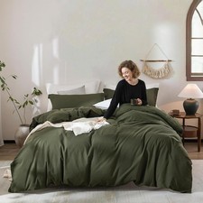 Olive Green Duvet Cover Queen Size, 100 Washed Cotton Bedding Set Cover 1 Du...