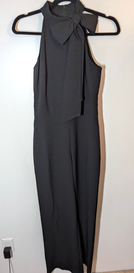 Mono Vince Camuto Para Mujer Talla 2 Negro Crape Piernas Anchas Cuello Atado Bolsillos Foto 4 de 4