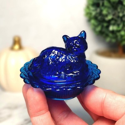 Mosser Cobalt Blue Glass Cat on Nest Salt Dish, Miniature Vintage