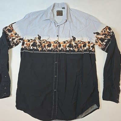 Vtg Roper Western Shirt Large Horses Scene Cowboy Black Snaps Wear The West